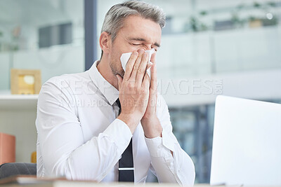 Buy stock photo Allergies, sick and businessman in his office cleaning nose with healthcare risk, workplace compliance policy and management stress. Dust, bacteria and allergy of business or corporate man at a desk