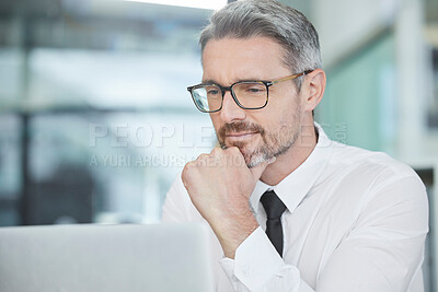 Buy stock photo Thinking, laptop and businessman working on a project and doing research on the internet in office. Technology, idea and professional employee reading corporate company report on his computer at work