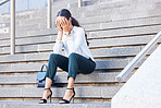 Business woman on stairs, stress and burnout for work, tired and overworked. Young female, entrepreneur and lady on steps, crying and frustrated with company, mental health and depression for job.