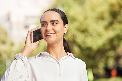 Buy stock photo Phone call, park and summer with a woman outdoor talking or speaking during the day. Communication, conversation and 5g mobile technology with an attractive young female outside in a sunny garden