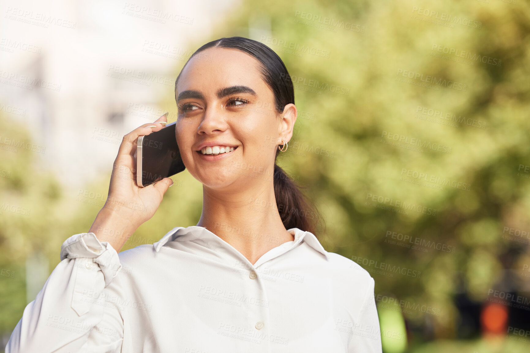 Buy stock photo Phone call, park and summer with a woman outdoor talking or speaking during the day. Communication, conversation and 5g mobile technology with an attractive young female outside in a sunny garden