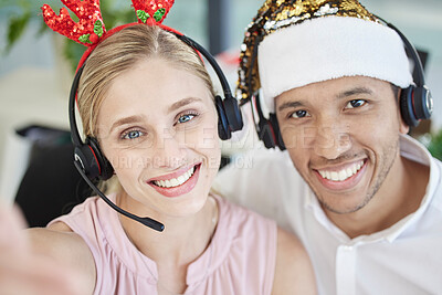 Buy stock photo Selfie, christmas and call center with a man and woman consultant team working in customer service. Face, crm and telemarketing with male and female sales colleagues at work in the festive season