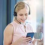 Coffee break, smartphone and call center woman with smile for website information, mobile app networking and social media inspiration. Idea, relax and happy telemarketing worker, coffee cup and phone