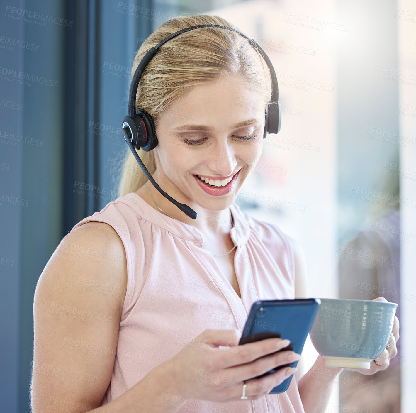 Buy stock photo Coffee break, smartphone and call center woman with smile for website information, mobile app networking and social media inspiration. Idea, relax and happy telemarketing worker, coffee cup and phone