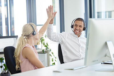 Buy stock photo Call center, high five and crm business office employees excited about sale success and support. Customer service, b2b and web help collaboration of staff with diversity happy about sales target