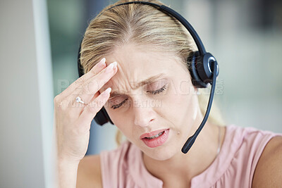 Buy stock photo Headache, anxiety and call center woman on computer thinking of telemarketing fail, stress or mental health problem. burnout, tired or fatigue financial advisor or consultant frustrated, angry or sad