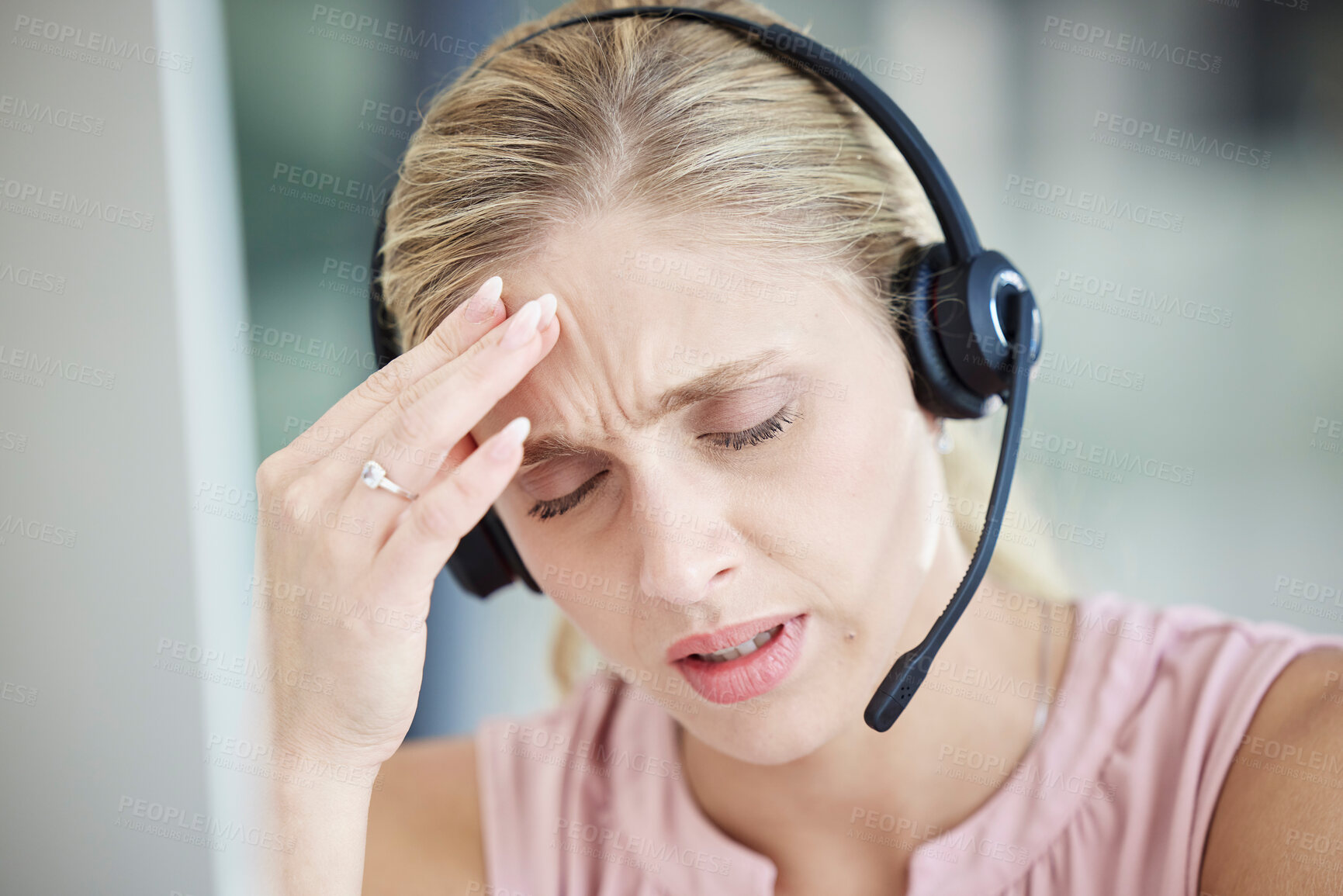 Buy stock photo Headache, anxiety and call center woman on computer thinking of telemarketing fail, stress or mental health problem. burnout, tired or fatigue financial advisor or consultant frustrated, angry or sad