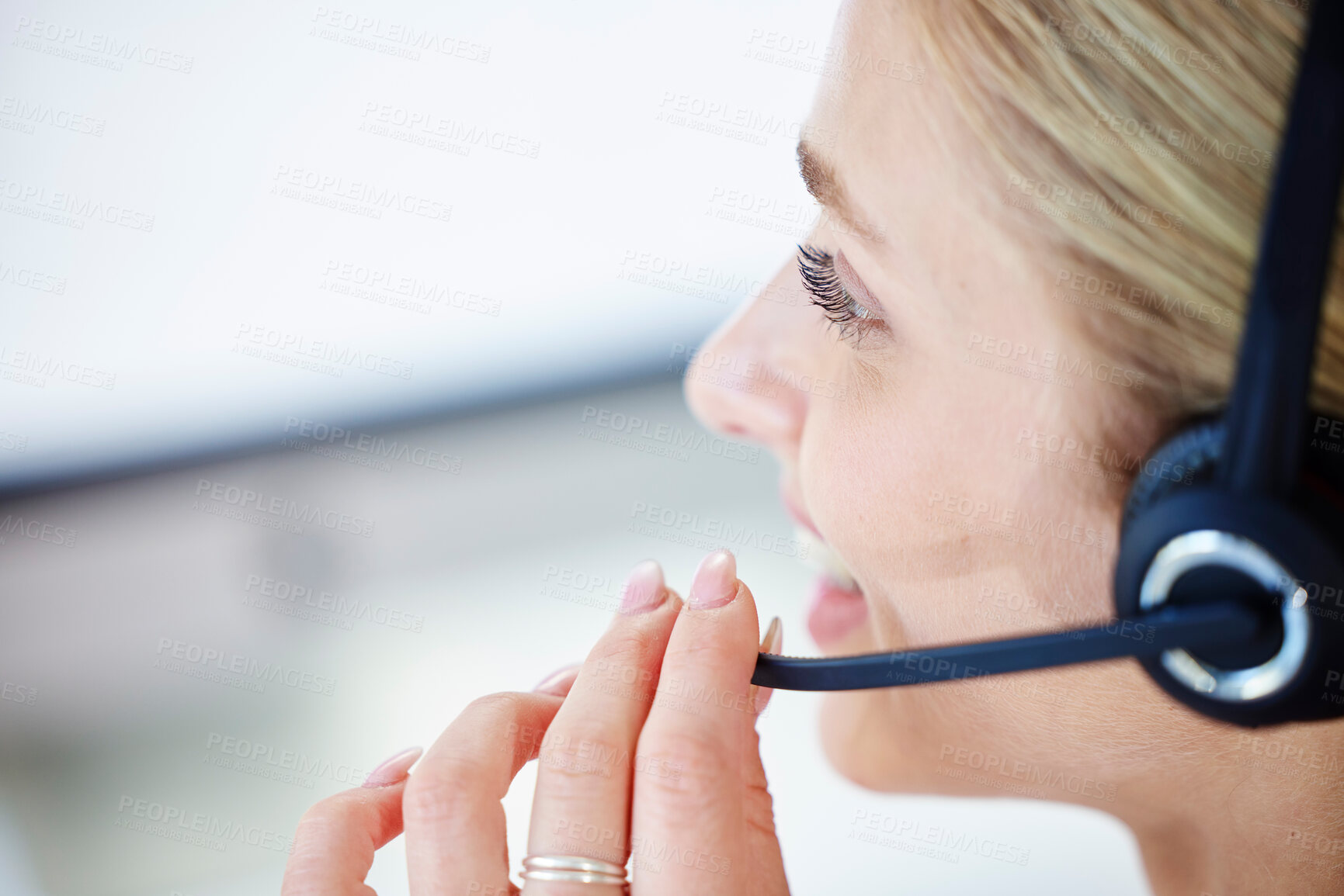 Buy stock photo Call center, customer support and closeup of woman with microphone talking, speaking and helping client online. Telemarketing, customer service and female consultant with headset for crm company call