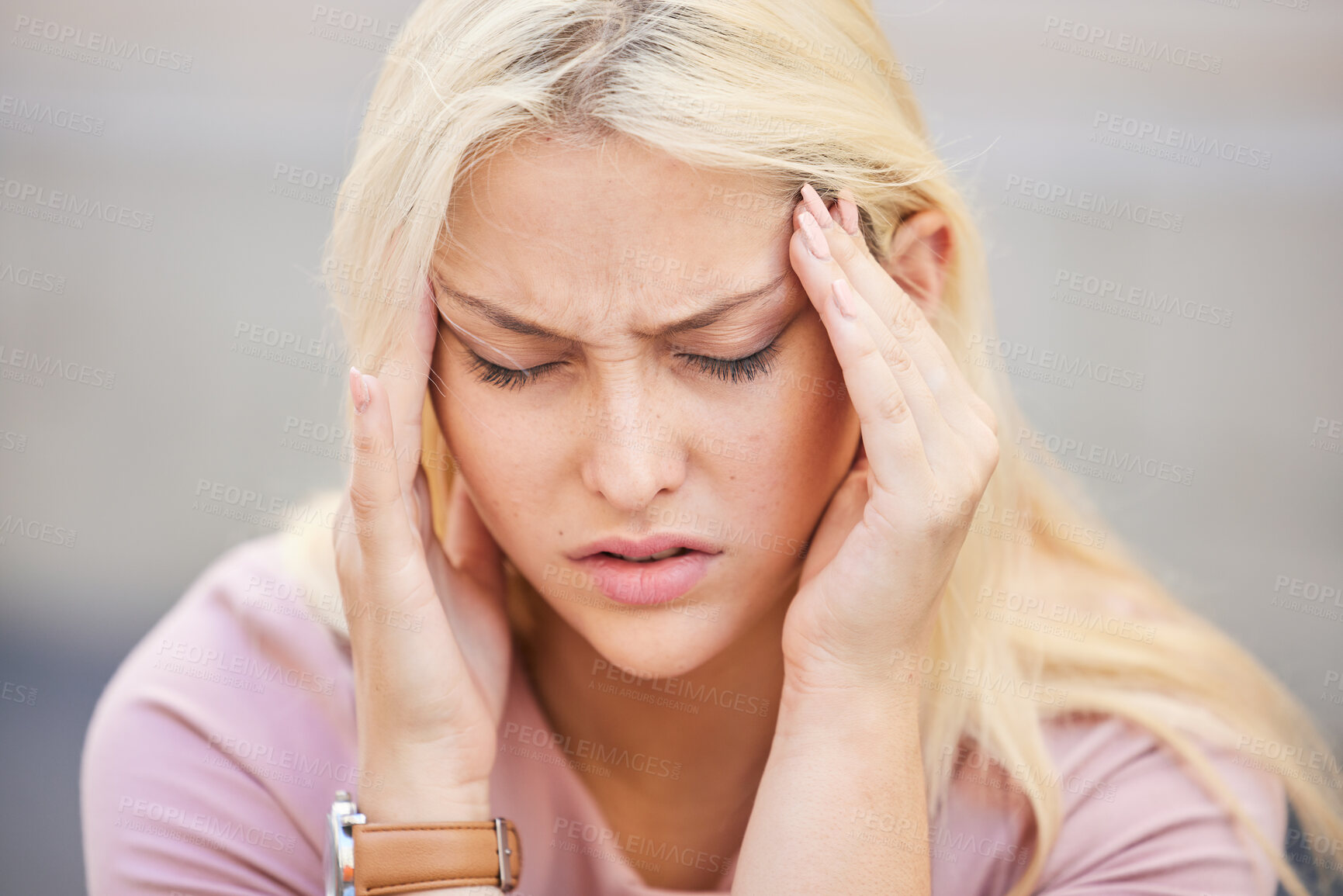 Buy stock photo Headache, stress and frustrated with woman in pain suffering with anxiety, depression and burnout fatigue. Mental health, sad and migraine with face of worried girl for sick, mistake and exhausted 
