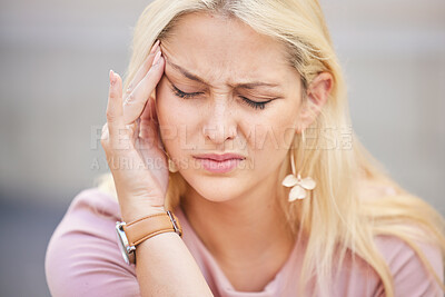 Buy stock photo Headache, stress and frustrated with woman in pain suffering with anxiety, depression and burnout fatigue. Mental health, sad and migraine with face of worried girl for sick, mistake and exhausted 