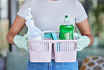 Woman, hands and basket for cleaning and housework with cleaning products for living room clean. Hygiene, cleaning supplies and detergent for home cleaning, spring cleaning and maintenance 