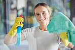 Happy woman, window cleaning spray and bottle with cloth for dust, bacteria or dirt in apartment, home and Australia. Portrait of maid, housekeeping and cleaner wipe glass, door or chemical detergent