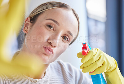 Buy stock photo Cleaner woman, spray and bottle in portrait while working with product, detergent or sanitizer in home. Hygiene worker, cleaning and spray bottle for germs, bacteria and dirt at apartment in Toronto