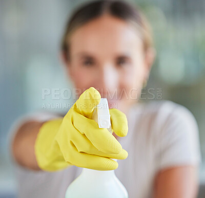 Buy stock photo Hand, spray bottle and cleaning with a woman in gloves for housework or sanitization for hygiene. Hands, latex and disinfectant with a female cleaner spraying product to clean for a fresh wash