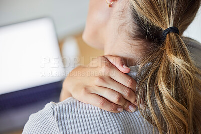 Buy stock photo Business woman, stress and laptop with neck pain, tired and injury from working or strain in office. Burnout, overworked and stressed female worker massage sore, ache and muscle in neck in workplace