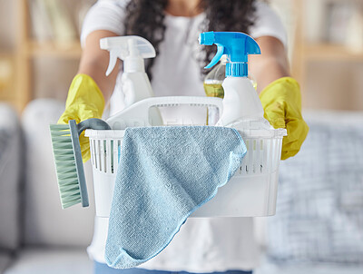 Buy stock photo Cleaning, housework and hands of woman with basket, community service and safety from virus in a house. Cleaner job, working housekeeping and girl with product to clean a home in the morning