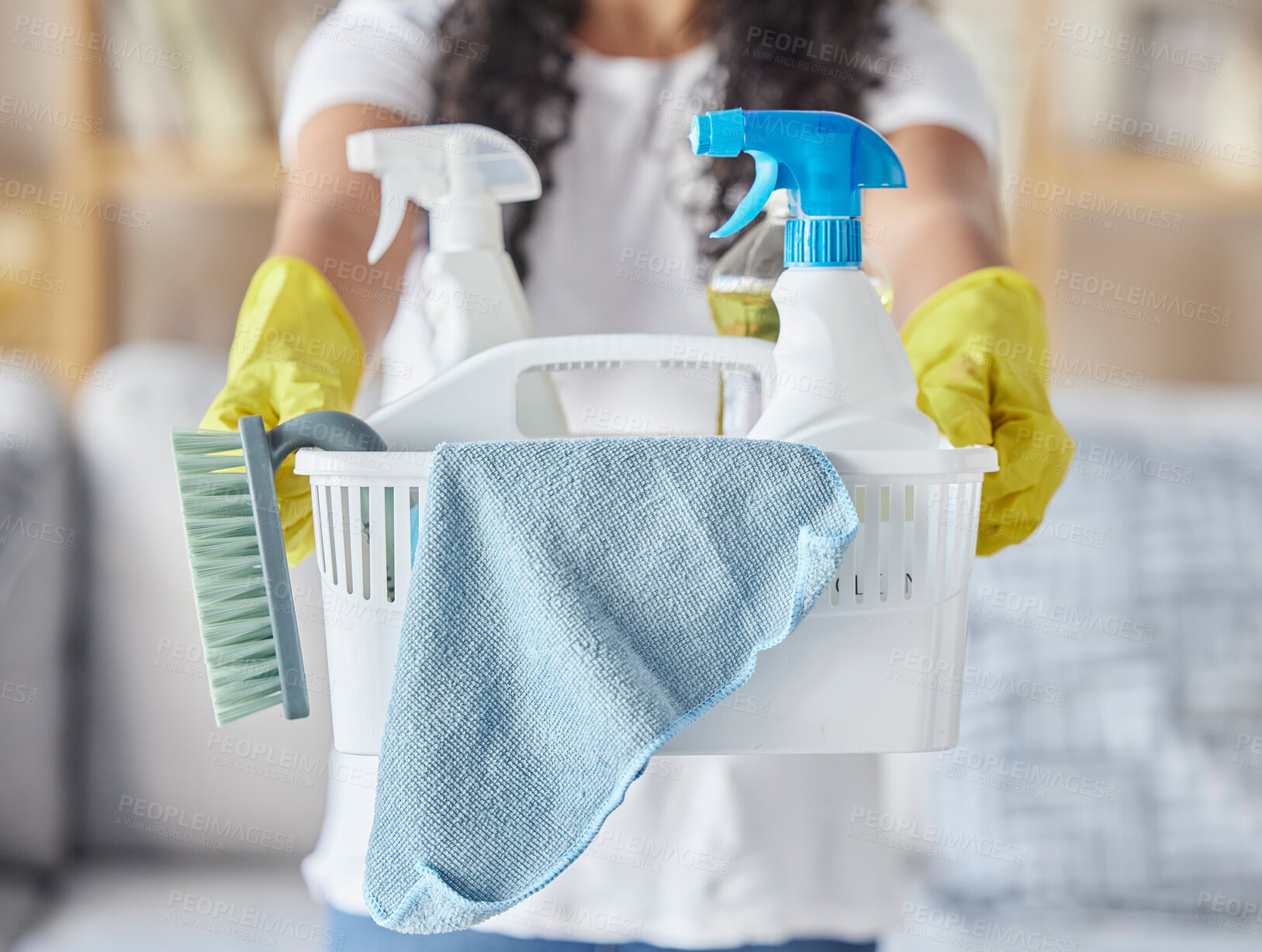 Buy stock photo Cleaning, housework and hands of woman with basket, community service and safety from virus in a house. Cleaner job, working housekeeping and girl with product to clean a home in the morning