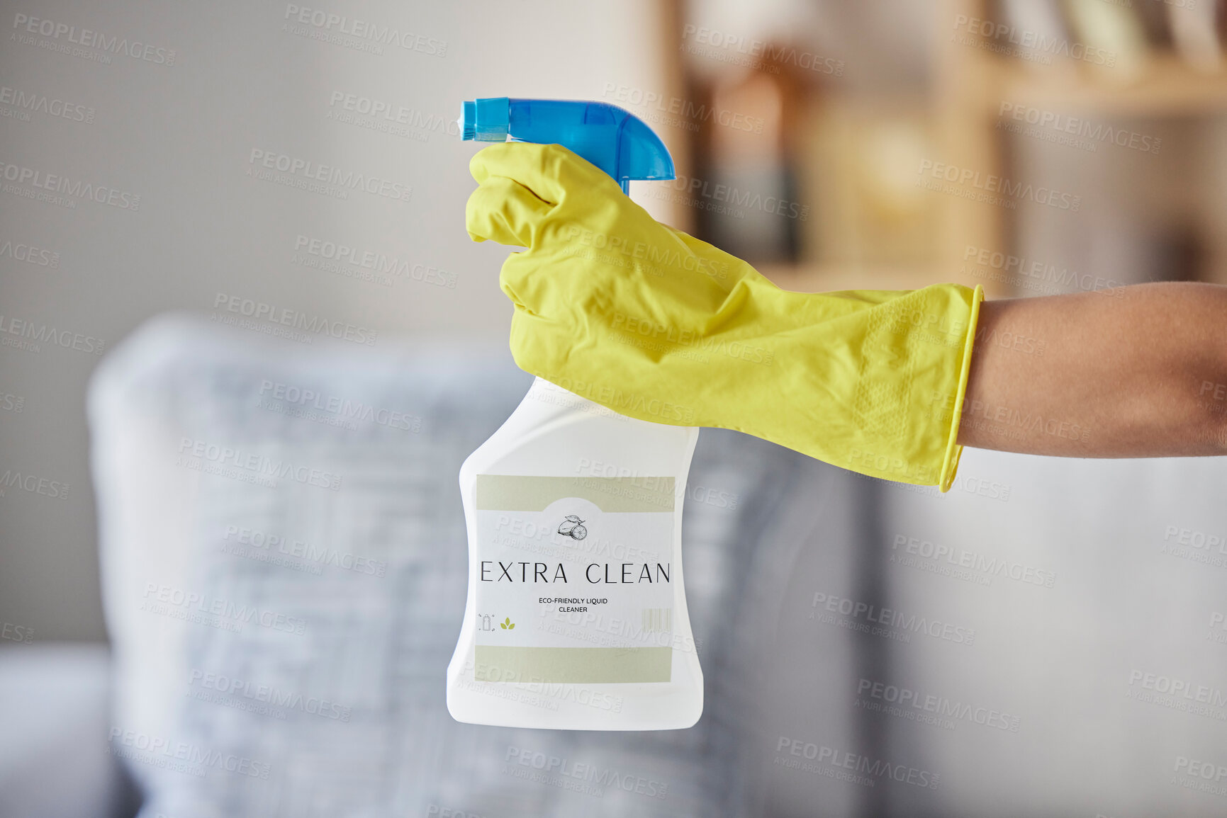 Buy stock photo Cleaning, product and spray bottle with hands of woman in living room for hygiene, disinfection or bacteria safety. Germs, dust and chemicals with girl cleaner at home for housekeeper service
