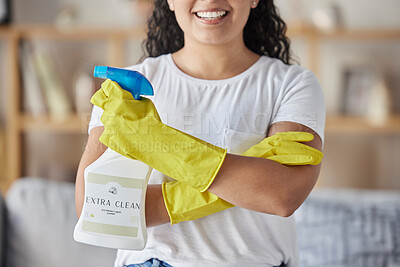 Buy stock photo Cleaning, product and spray bottle with woman in living room for hygiene, disinfection or bacteria safety. Germs, dust and chemicals with girl cleaner and arms crossed at home for housekeeper service