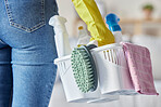 House, cleaning products and woman hands holding plastic container with cleaner tools. Home, cleaning service and chemical spray bottle of a person ready for spring clean with brush in a basket