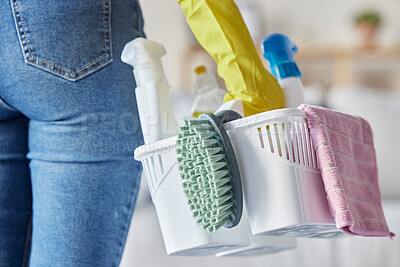 Buy stock photo House, cleaning products and woman hands holding plastic container with cleaner tools. Home, cleaning service and chemical spray bottle of a person ready for spring clean with brush in a basket