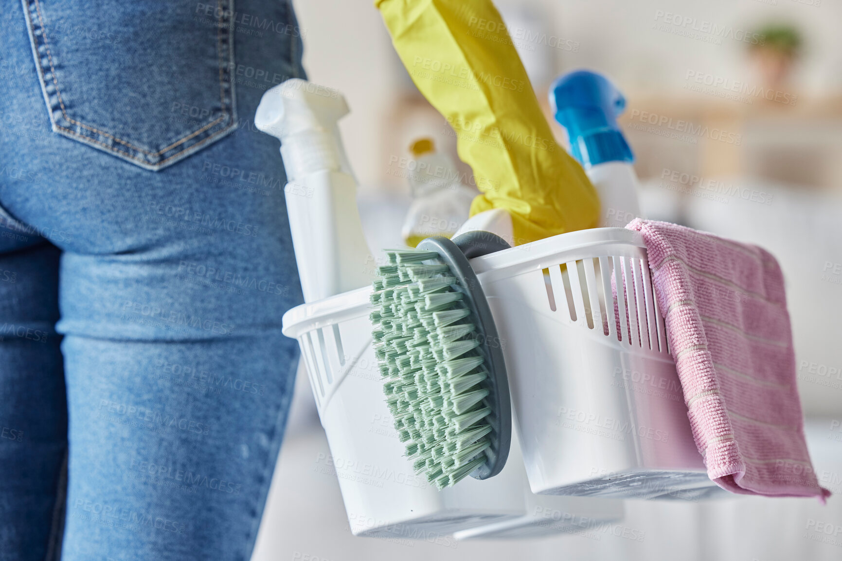 Buy stock photo House, cleaning products and woman hands holding plastic container with cleaner tools. Home, cleaning service and chemical spray bottle of a person ready for spring clean with brush in a basket