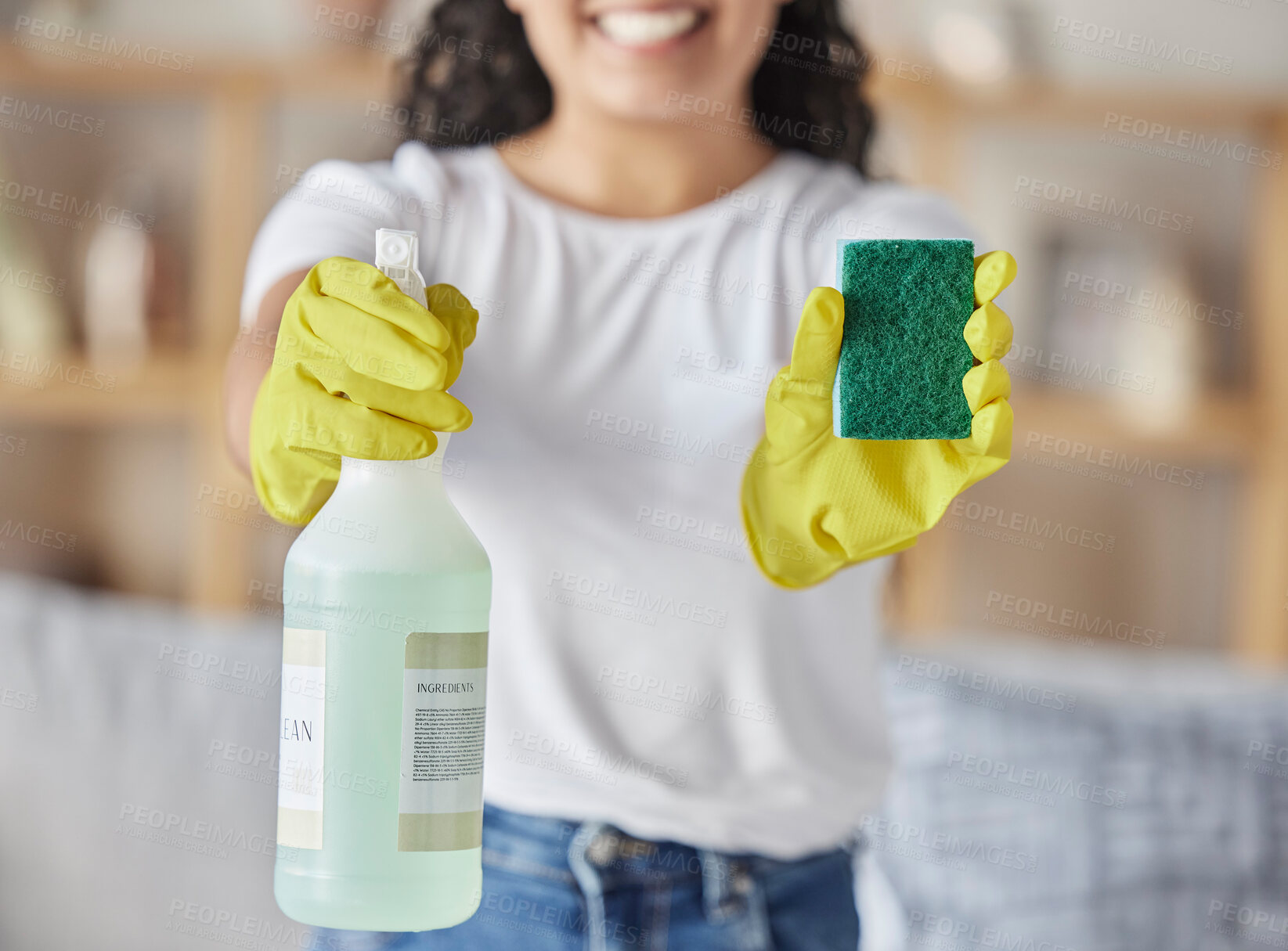 Buy stock photo Sponge, spray and woman with cleaning products in home for hygiene, health and wellness. Spring cleaning, housekeeper and happy female holding equipment for washing, sanitizing or disinfecting house.