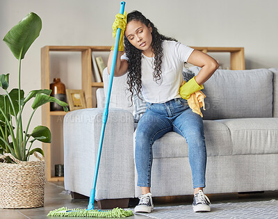 Buy stock photo Cleaning, tired and mop with woman in living room for housekeeping, hygiene or disinfection. Pain, exhausted and fatigue with girl cleaner resting after domestic and tidy for dirt, bacteria or dust
