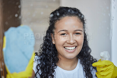 Buy stock photo Cleaning, window and spray with portrait of woman with fabric rag for bacteria, hygiene and disinfection. Dust, germs and chemicals solution with girl cleaner and glass with product for housekeeping