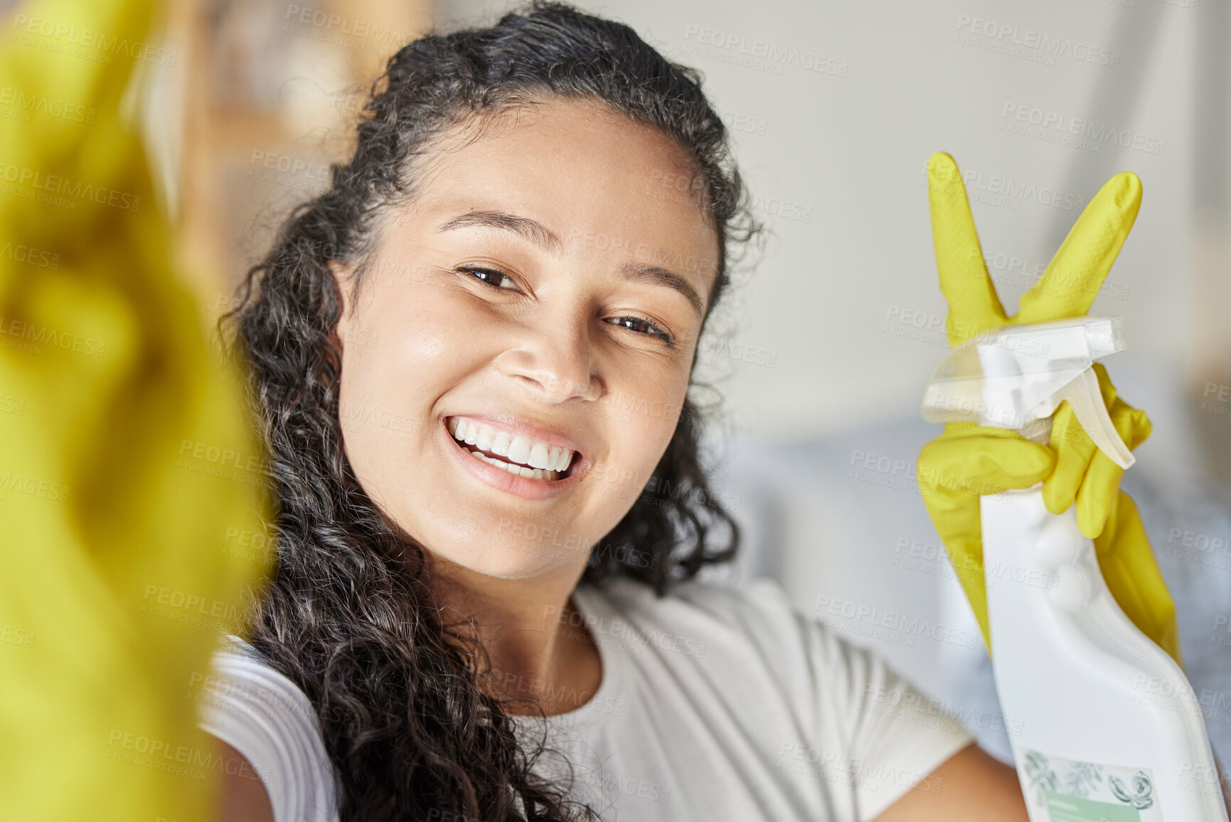 Buy stock photo Happy, cleaning or woman taking a selfie with peace hand gesture with liquid soap in spray bottle for dust or bacteria. Cleaner or maid smiles with cleaning products, gloves or disinfection chemicals