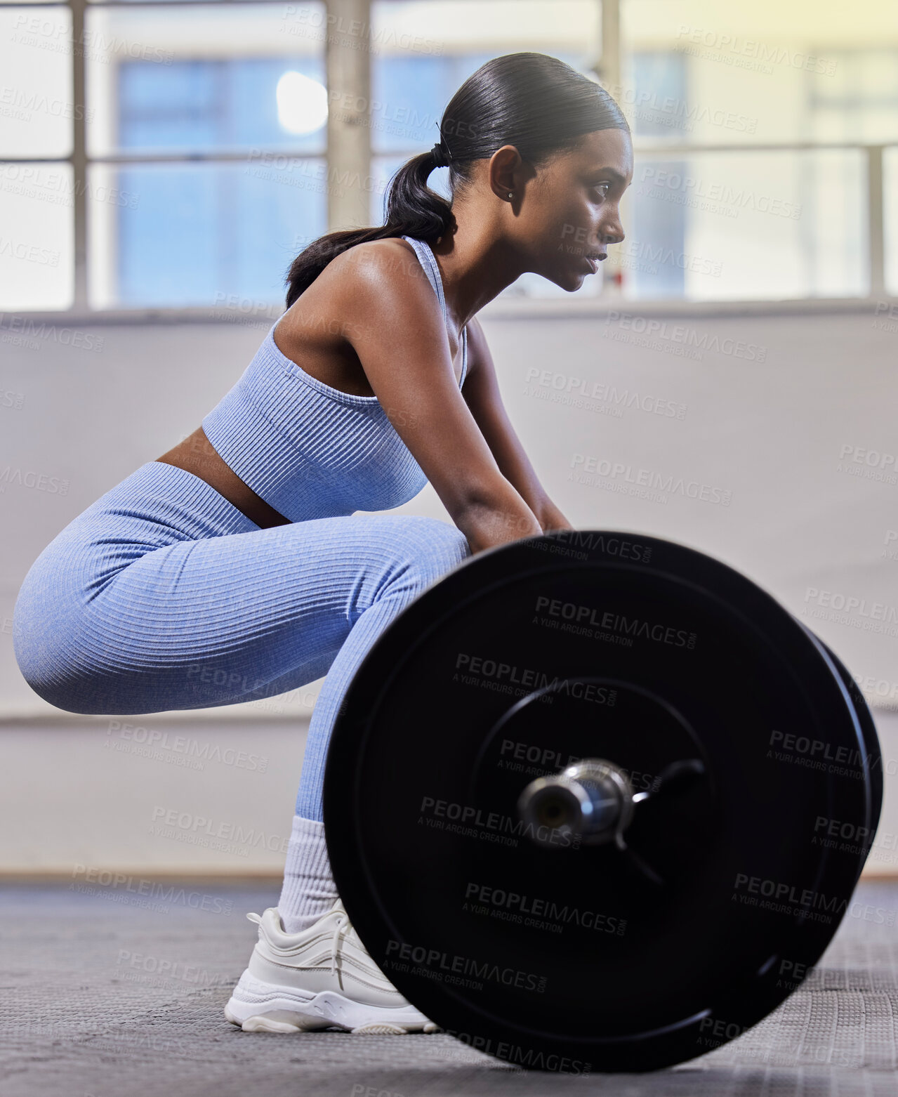 Buy stock photo Woman, fitness and barbell for workout in gym, exercise and training with power, bodybuilder and performance. Indian female with weight, challenge and strong body with muscle development with iron 