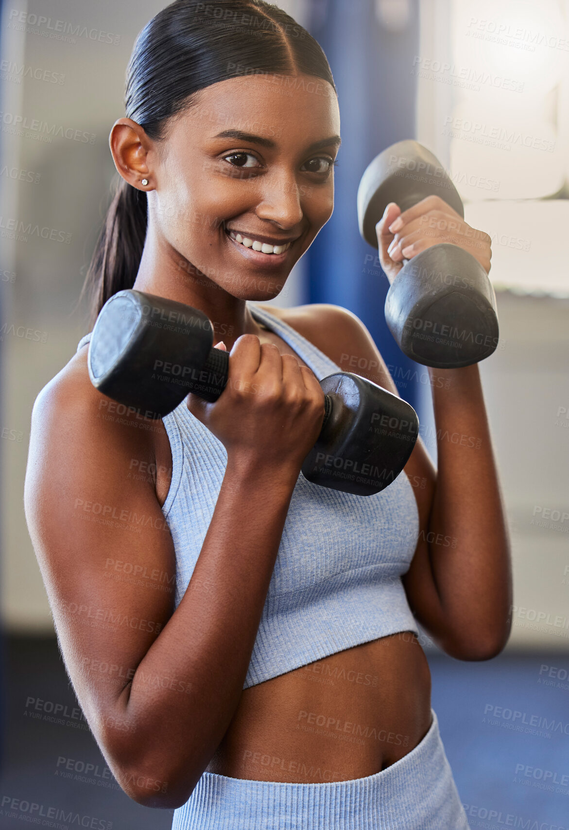 Buy stock photo Fitness, Indian woman and dumbbell training portrait in gym for workout training, exercise motivation and healthy lifestyle. Sports wellness, muscle bodybuilder and athlete woman happy in health club