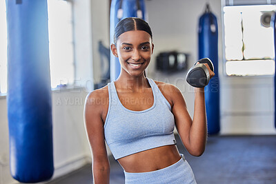 Buy stock photo Happy woman, fitness and dumbbell exercise in gym for strong body, wellness and healthy lifestyle goals. Portrait of indian female, sports and happiness with weights for workout, training and power 