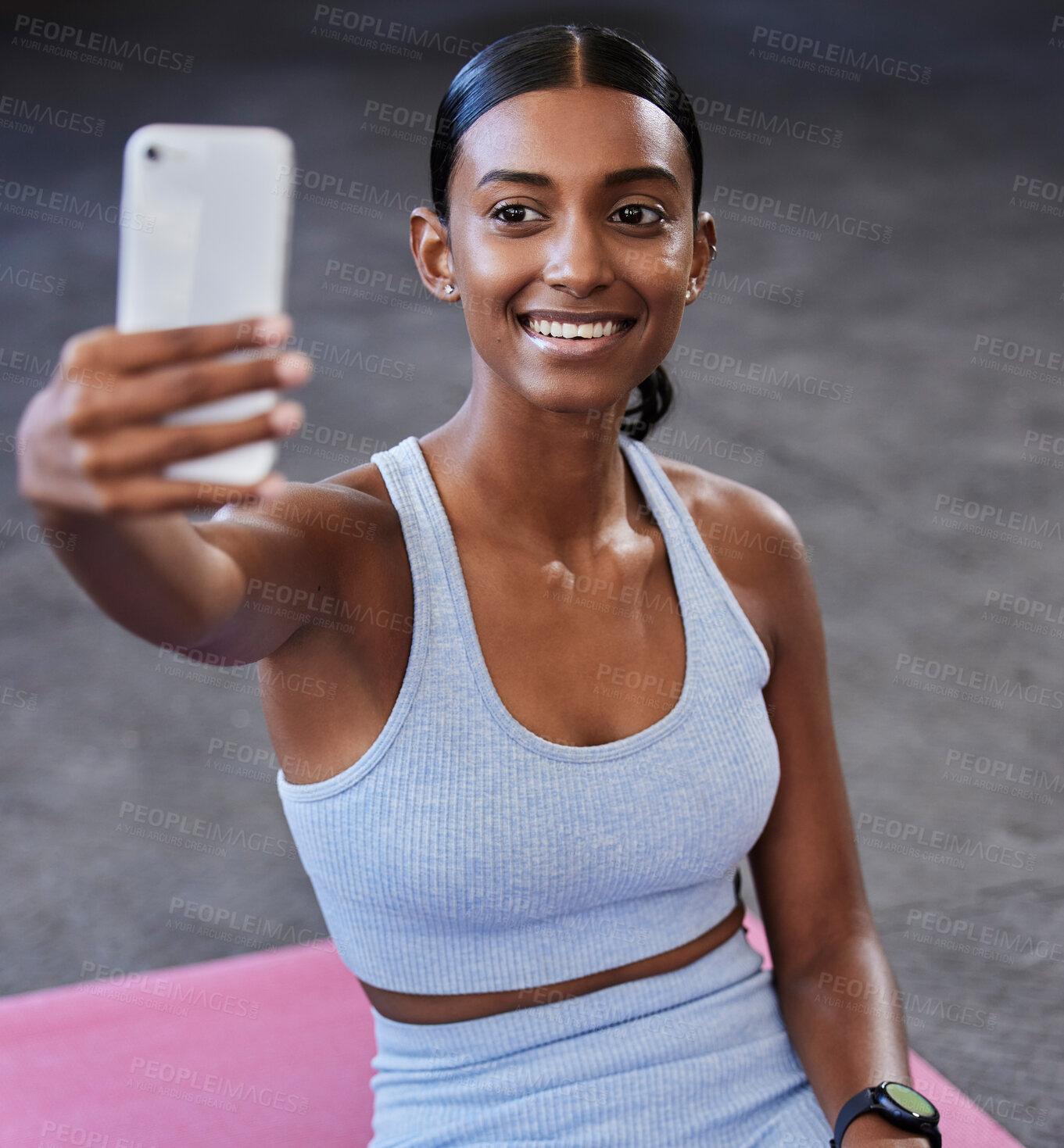 Buy stock photo Fitness selfie, sports floor and woman with social media post, profile picture update or wellness website blog on mobile app. Smartphone photography, Indian athlete and pilates or cardio gym training