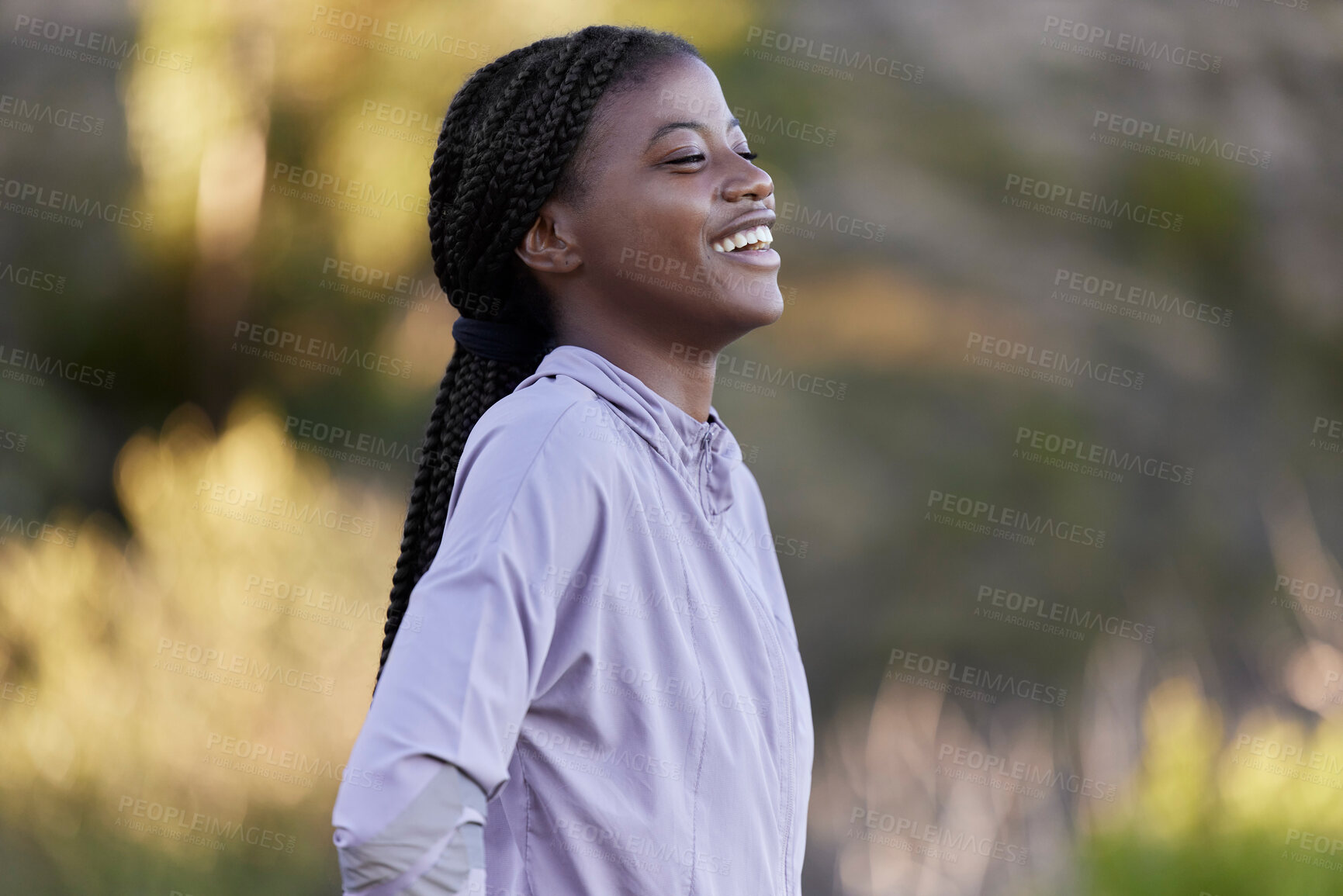 Buy stock photo Black woman, fitness and happy thinking in nature on running break with cheerful smile. Happiness, wellness and health of young girl satisfied with cardio, workout and exercise resting.


