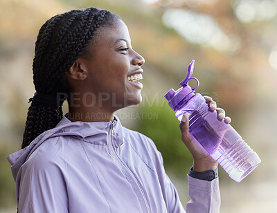 Buy stock photo Black woman, water bottle and fitness run outdoor, relaxing and happy smile for healthy and wellness lifestyle in nature. Gen z female, hydrate and drink after exercise, cardio workout and happiness