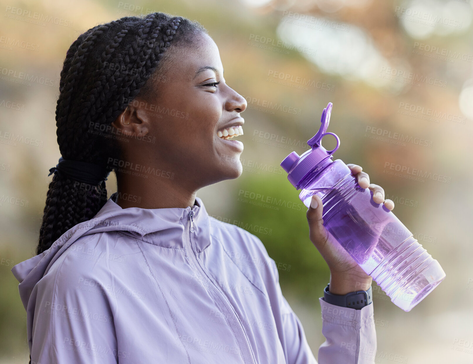 Buy stock photo Black woman, water bottle and fitness run outdoor, relaxing and happy smile for healthy and wellness lifestyle in nature. Gen z female, hydrate and drink after exercise, cardio workout and happiness