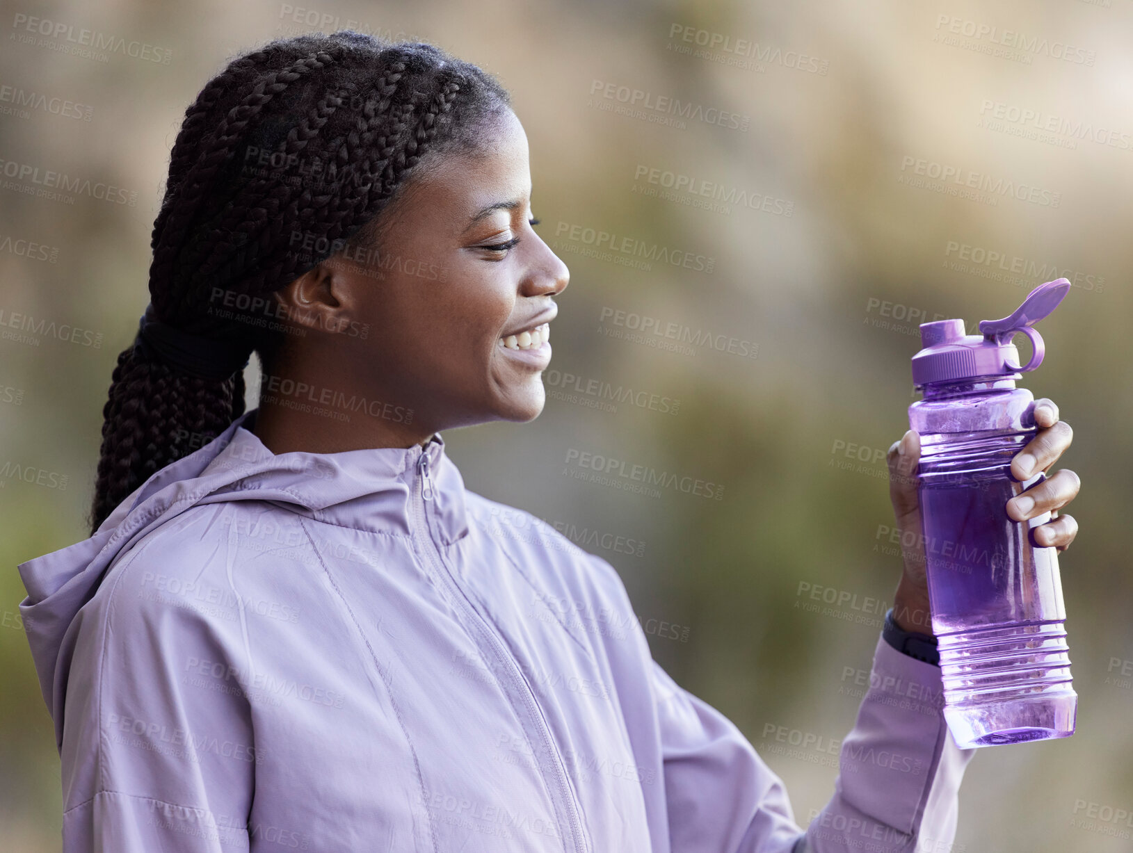 Buy stock photo Water bottle, sports and black woman in park for outdoor nutrition, wellness and fitness gear or plastic product on blurred background. Workout athlete or runner exercise for purple fashion in nature