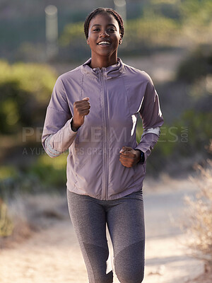 Buy stock photo Fitness, running and black woman on mountain for exercise, marathon training and workout in nature. Sports, wellness and happy female athlete run, jog and exercising for healthy lifestyle in morning