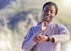 Heart rate, smartwatch and running with black woman in nature for  cardio, progress and goal tracker. Fitness, time and endurance with girl runner checking pulse with watch for marathon training 