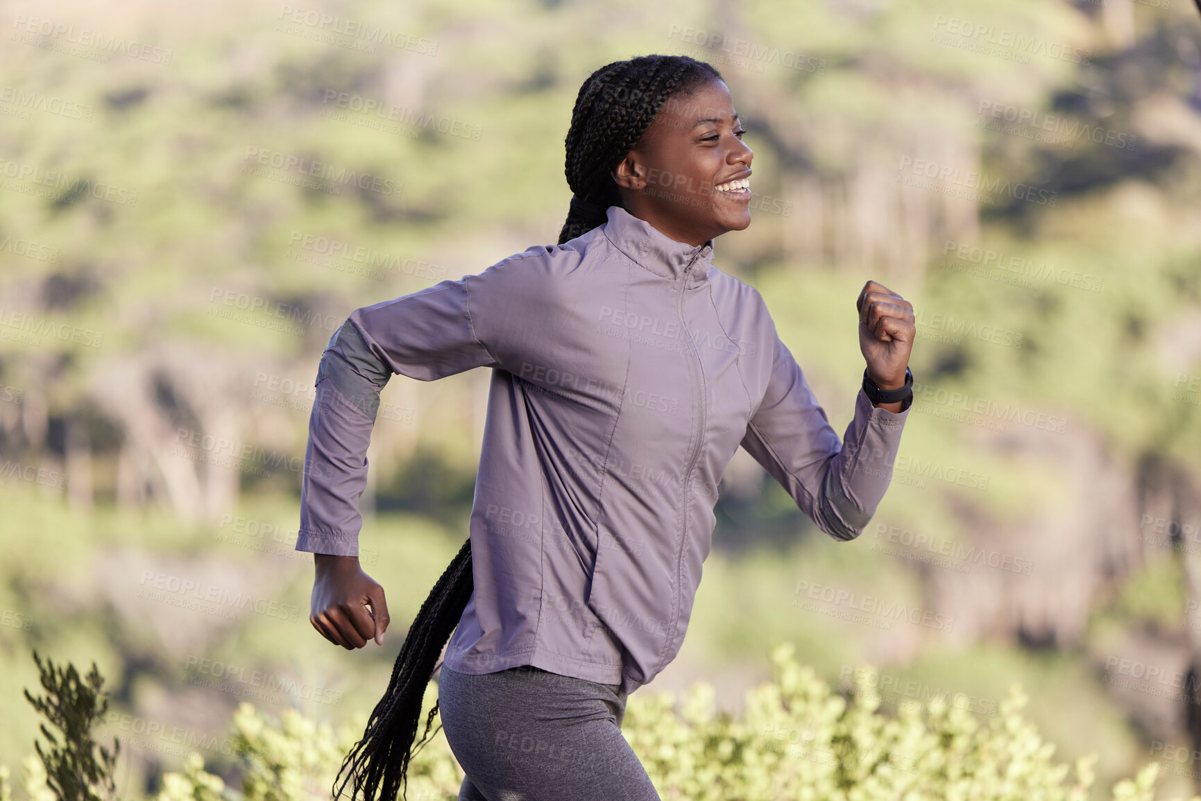 Buy stock photo Fitness, nature and profile of black woman running in countryside, woods or forest for body goals, cardio health or wellness. Exercise, workout and happy African runner training for marathon race
