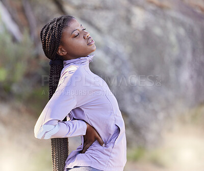 Buy stock photo Stretching, running and fitness with black woman in nature for workout, freedom and jogging. Hiking, energy and peace with girl runner and warm up on mountain path for cardio, endurance and training