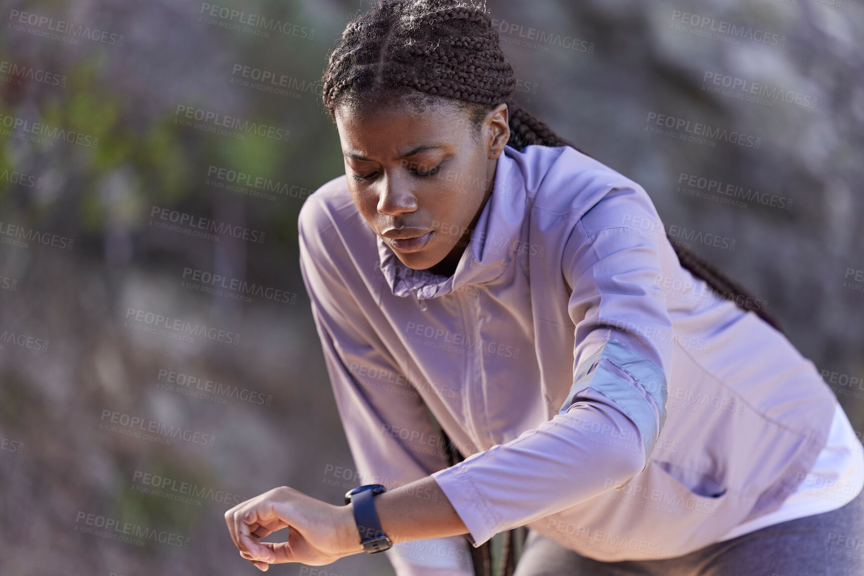 Buy stock photo Black woman runner, smartwatch and rest for breathing, heart rate or health while training in summer. Woman, running and healthcare tech for exercise, workout and fitness at nature park in California