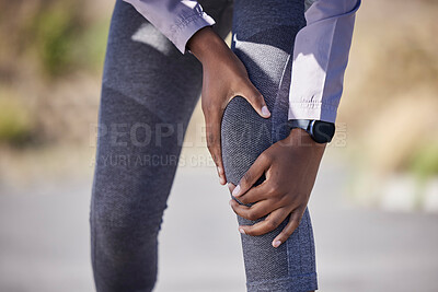 Buy stock photo Fitness, sports and black woman with knee pain at running workout. Exercise, pain and woman with hand on leg for muscle massage, physical therapy for sports injury on knee and accident while training