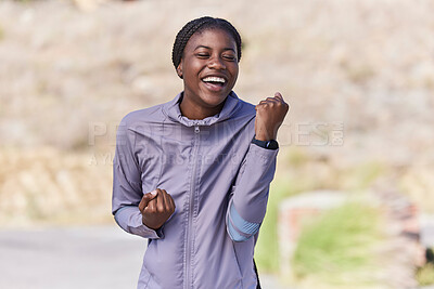 Buy stock photo Portrait, smile and black woman runner on street for celebration, wellness or nature in blurred background. Happy african woman, running and celebrate for fitness goal, training or achievement in sun