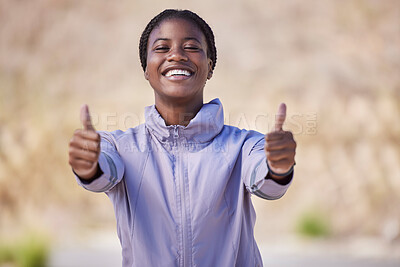 Buy stock photo Thumbs up, black woman and success, winner and sports workout motivation in Brazil. Portrait, thumb up and happy athlete celebrate wellness goals, achievement and support, agreement and celebration 