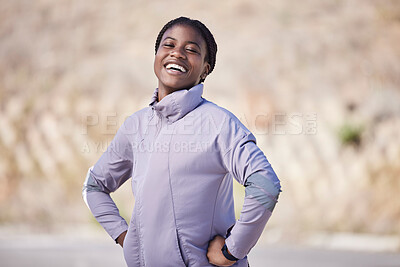 Fitness, exercise and portrait of black woman on mountain happy with marathon training, workout and run. Health, sports and girl with smile for cardio, wellness and sport jacket for running in winter