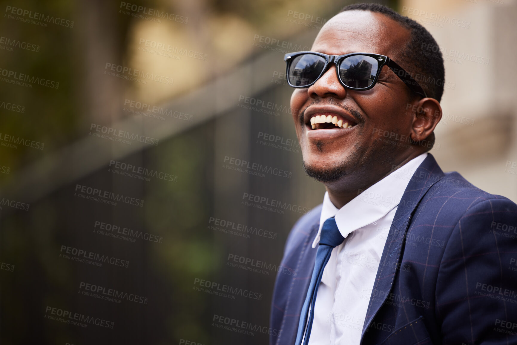 Buy stock photo Black man, sunglasses and business, corporate employee and happy outdoor, smile with success by cityscape. Happiness, career freedom and company mockup with businessman and professional relax.