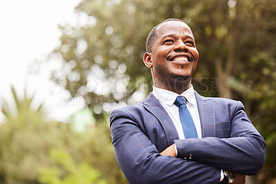 Buy stock photo Business, black man and leader crossed arms, outdoor and thinking for startup company. Young male Jamaican, entrepreneur and ceo with leadership, management and vision for success, relax or in nature