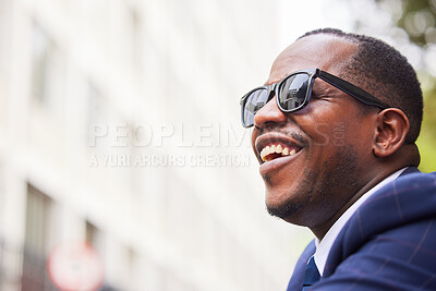 Buy stock photo Black man, face and glasses happy in city for business travel, work commute or walking in street. African american businessman, smile and walk with sunglasses in urban town or New York traveller